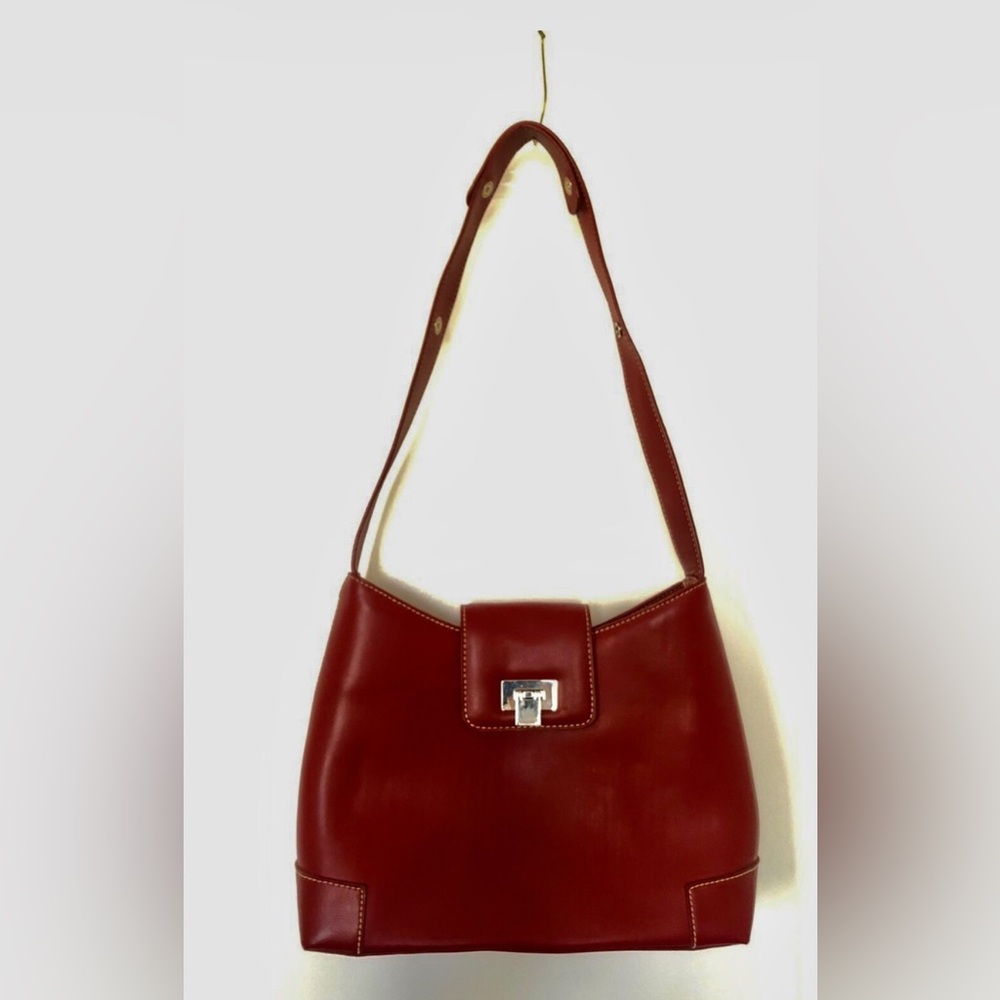 Liz Claiborne Red Leather Shoulder Bag with Silver-Tone Turn Lock